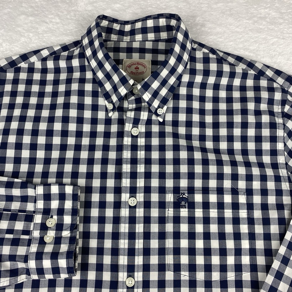 Brooks Brothers "Red Fleece" Shirt Mens XL Blue/White Checks Embroidered Logo